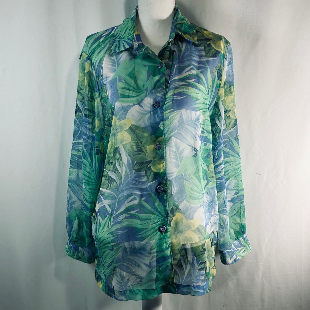Drapers & Damons Womens Medium Green Blue Tropical Floral Sheer Button Up Blouse